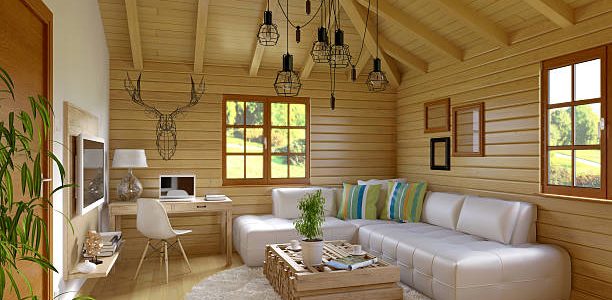 Cottage interior with high ceiling and white minimalistic paint