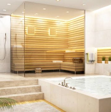 Big modern bathroom with shower and a large bath tub