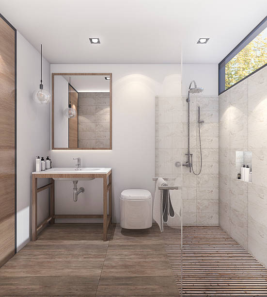 Bathroom with heated lamps to maintain warmth 