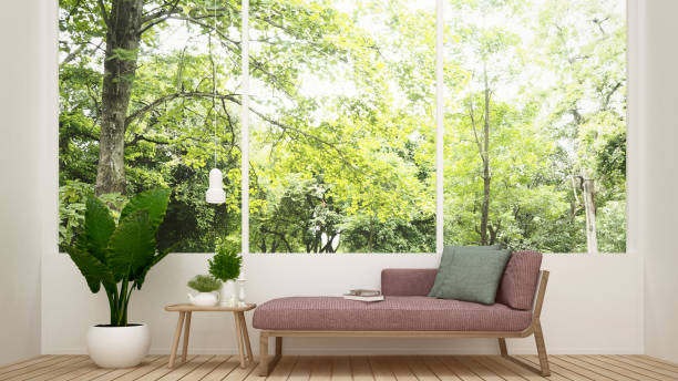 Daybed in living room and nature view - Living room in house or apartment on forest view
