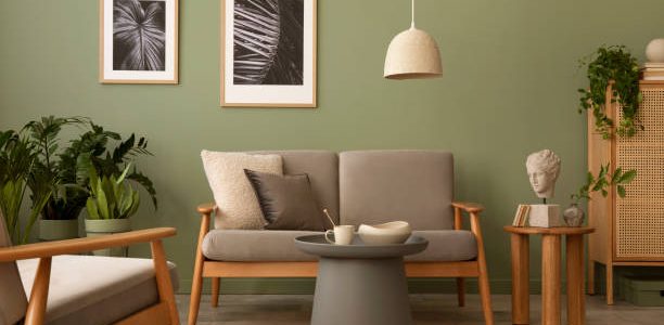 Olive green wall paired with brown toned couches