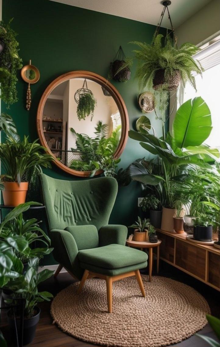 green chair in a corner surrounded by greenery