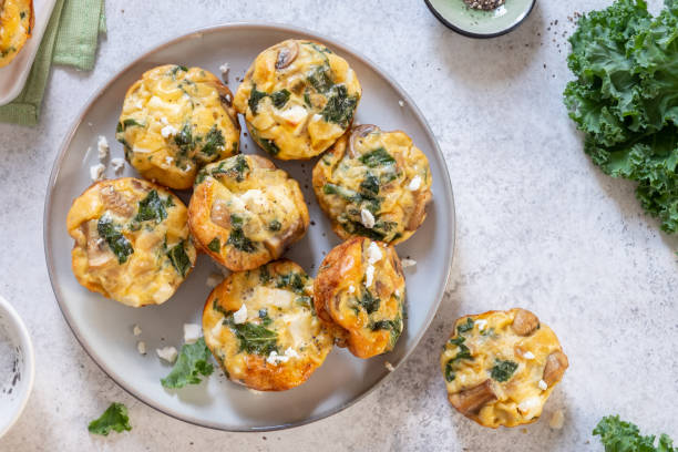 muffins with mushroom, green with spinach and feta cheese for Healthy lunch