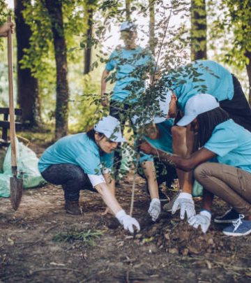 Multi-ethnic group of people, planting a tree together in public park, saving the environment,