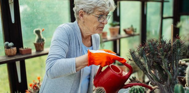 Beautiful senior woman taking care of her potted cactuses in greenhouse in backyard with love and watering plants. Sunlight comes through the window. She wears casual clothes and she looks happy with her hobby