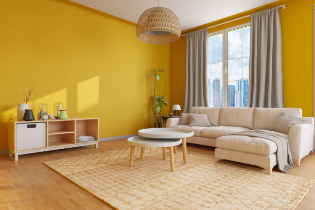 Crazy Living Room colour with Yellow Walls. 3D Render