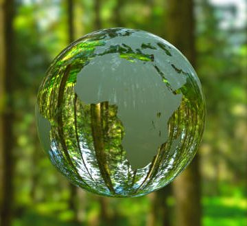 3D illustration - Planet Earth shaped like a crystal ball in a green forest.