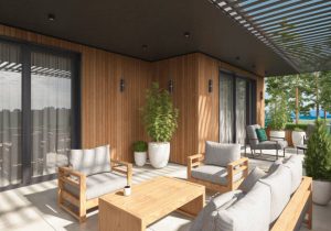 Modern villa interior exterior balcony with garden. Architecture concept for Real estate. Pine forest.