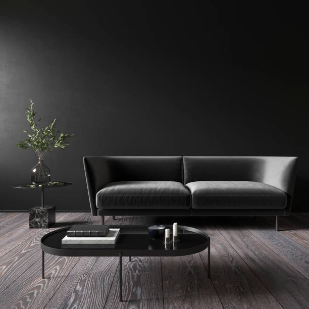 Grey minimalistic interior with sofa and coffee table. 3d render illustration mock up.