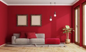 Red living room with modern sofa and old frame on wall - 3d rendering the room does not exist in reality, Property model is not necessary