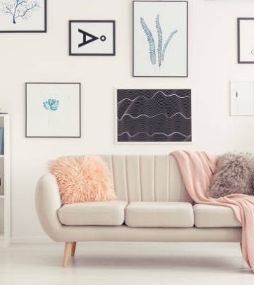 Elegant sofa, white shelf with decorations and posters on the wall in a living room interior