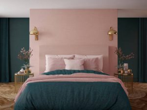 Bedroom interior.Art deco style.Design with green pink and gold color.3d rendering