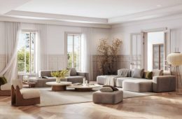 Presenting a digital depiction of an elegant living room that opens up to a view of nature, combining luxurious comfort with a tranquil ambiance