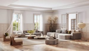 Presenting a digital depiction of an elegant living room that opens up to a view of nature, combining luxurious comfort with a tranquil ambiance