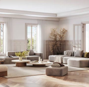 Presenting a digital depiction of an elegant living room that opens up to a view of nature, combining luxurious comfort with a tranquil ambiance