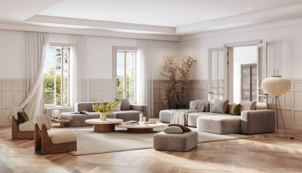 Presenting a digital depiction of an elegant living room that opens up to a view of nature, combining luxurious comfort with a tranquil ambiance